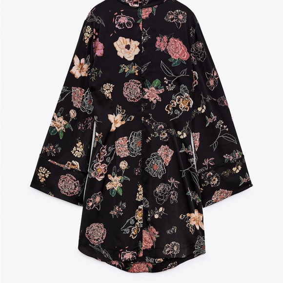 ZARA Asian Style Floral Black Long Sleeve Dress New With Tags - Picture 7 of 10